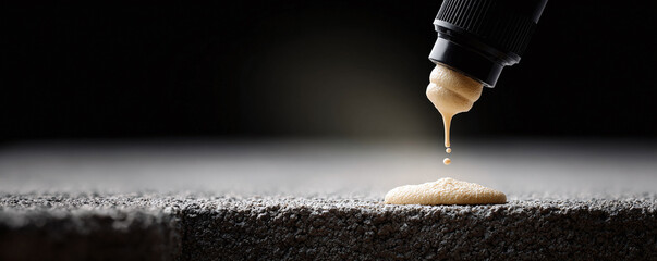Abstract macro shot of fluid being dispensed onto a textured surface. Represents creation, application, and beginnings. Use for concepts needing highquality detail.