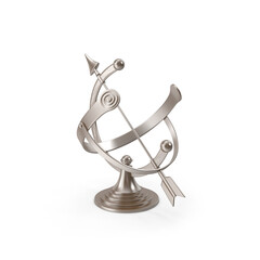 Metallic armillary sundial with arrow pointer on transparent background