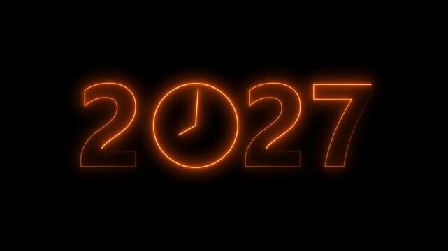 2027 digital text celebration and Calendar neon bright orange color animation. Clock icon timer concept on black background.