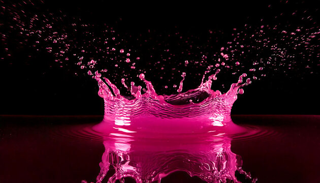 Dynamic magenta liquid splash against a black background.  Perfect for vibrant designs,  advertising, and cosmetic projects. High-resolution image ideal for printing and digital media.