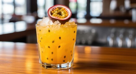 A refreshing passion fruit cocktail with crushed ice and a fresh passion fruit garnish, served on a warm wooden bar counter