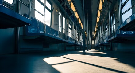 Interior view of an empty subway car with blue seats and bright sunlight streaming through windows