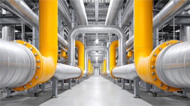 Bright yellow and gleaming silver pipes run parallel through a spacious industrial area. The intricate layout showcases the engineering behind modern manufacturing operations