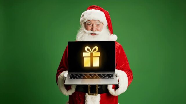 Santa claus holding glowing laptop as gift. Professional man in red suit presenting modern holiday present. Christmas technology blend and digital festive concept for seasonal gifting. video footage