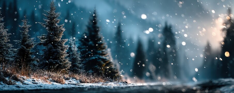 Snowy forest scene with falling snow and blurred background, a tranquil winter landscape at dusk