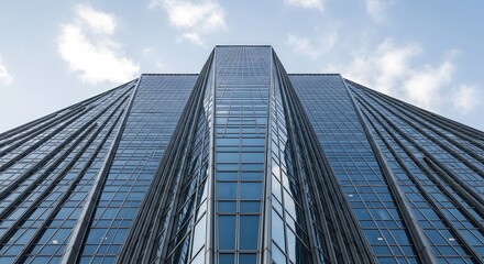 Low angle view of a modern glass skyscraper against a bright sky with scattered white clouds