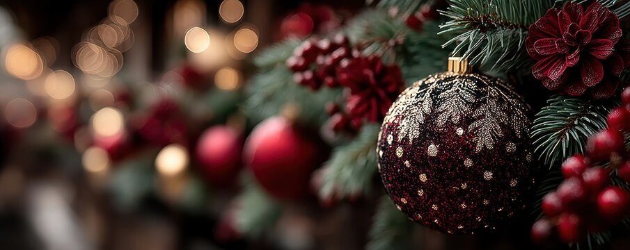 Festive Christmas tree ornament ball with gold and red decor and warm bokeh background