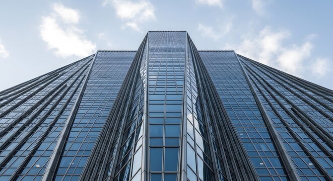 Low angle view of a modern glass skyscraper against a bright sky with scattered white clouds