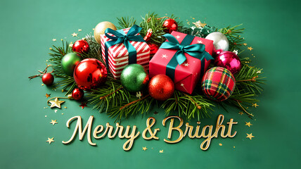 Festive christmas arrangement with gifts ornaments and merry and bright text on a green background