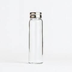 A tall, clear glass bottle with a metallic silver screw-on cap is centered against a clean white background, illuminated by soft studio lighting.