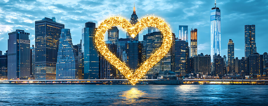 A sparkling golden heart shimmers over a breathtaking cityscape at twilight.  This evocative image symbolizes love, hope, and urban romance, perfect for Valentines Day, travel, or citythemed projects. - Powered by Adobe