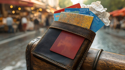 Vintage leather wallet overflowing with credit cards, a map, passport, and crumpled paper, rests on a rustic wooden surface.  A blurred city street background adds a travel and adventure feel.