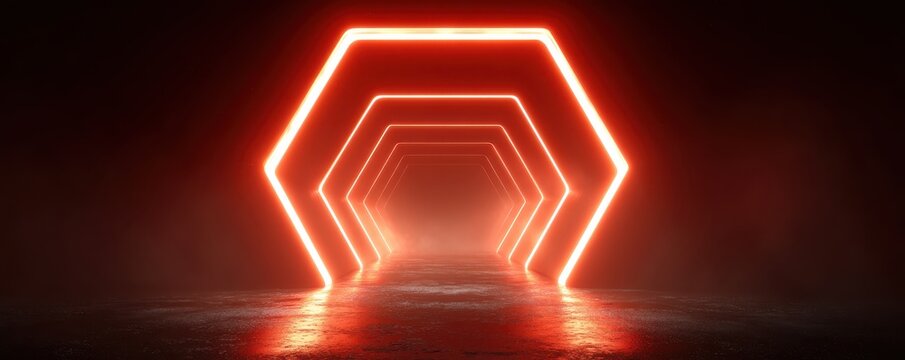 Red glowing neon hexagon tunnel creates dramatic futuristic pathway