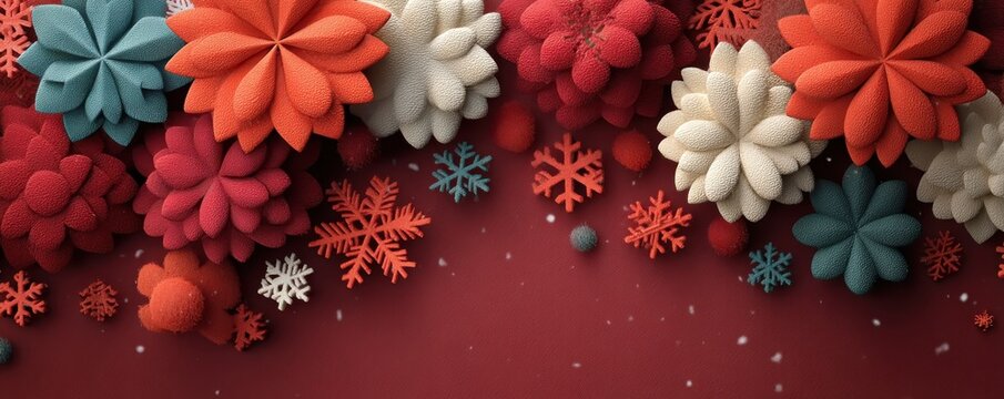 Colorful 3D floral ornaments on red background with snowflakes for festive winter decor - Powered by Adobe
