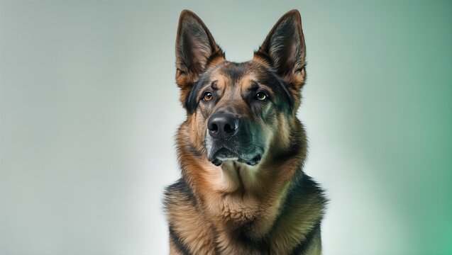 Close-up portrait of a German Shepherd dog against a soft, green background, showcasing its alert demeanor and intelligent expression - Powered by Adobe