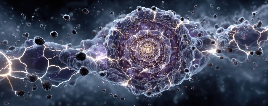 DNA spiral surrounded by lightning bolts in a cosmic, energetic science visualization