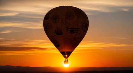 A hot air balloon silhouette against a vibrant sunset sky with orange and yellow hues and light clouds