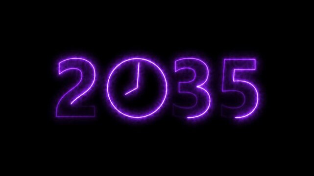 2035 digital text celebration and Calendar neon bright purple color animation. Clock icon timer concept on black background.