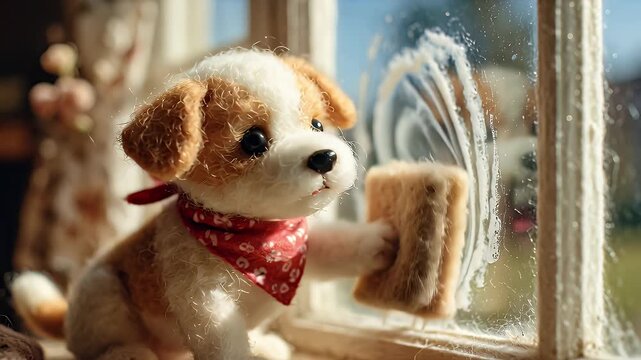 Dog puppet cleaning window with sponge under sunlight