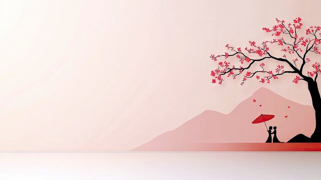 A stylized silhouette of a couple holding a red umbrella under a blooming cherry blossom tree, with mountains in the background. The scene is rendered in soft p