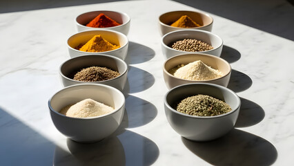 spices and herbs in mortar on white background
