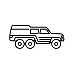 Offroad truck outline icon. 6 wheeler truck black line illustration.