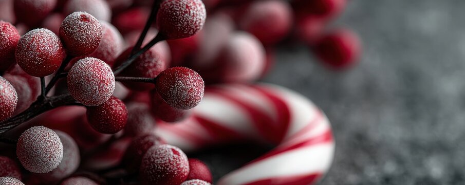 Frosted red holly berries beside a striped candy cane on a white background for festive holiday decor