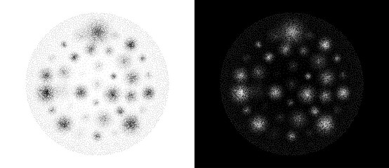 Modern abstract background. Halftone dots in circle form. Vector dotted round logo. Design element or icon, logo. Black shape on a white background and the same white shape on the black side.