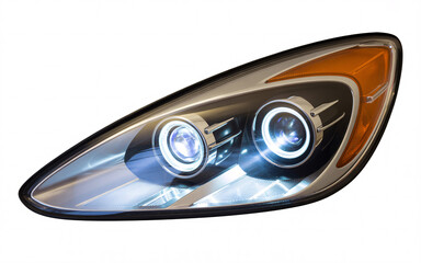 Close up of a car headlight with circular lights and orange accent on a white background