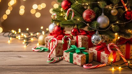 Festive christmas tree with gifts and candy canes on a wooden surface with bokeh lights behind it