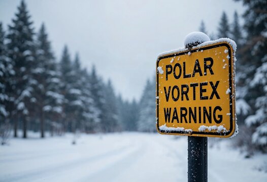 A snowy forest with a cautionary sign warning of polar vortex conditions, highlighting the harsh winter weather.