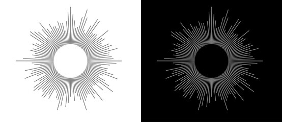 Abstract background with burning lines in cicrle. Design element or icon. Black shape on a white background and the same white shape on the black side.