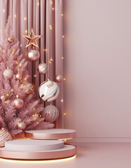 Dreamy festive product display with pastel pink Christmas tree and ornaments