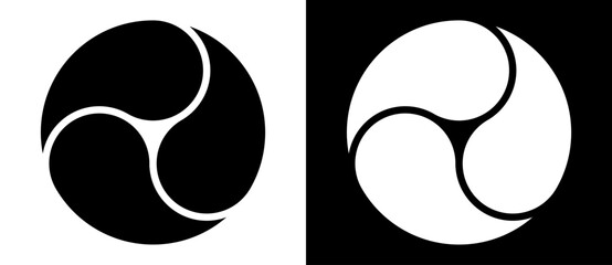 Abstract background with 3 parts spiral as logo, icon or design element. Black shape on a white background and the same white shape on the black side.
