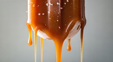 Delicious caramel sauce with sea salt crystals lavishly dripping down a frozen icecream dessert bar, creating a tempting and sweet treat