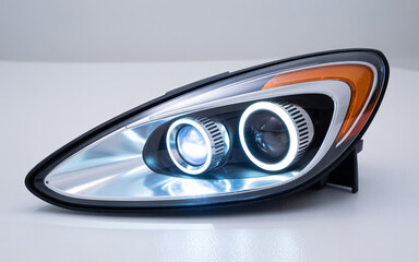 Close up shot of a car headlight with halo rings and orange turn signal indicator light