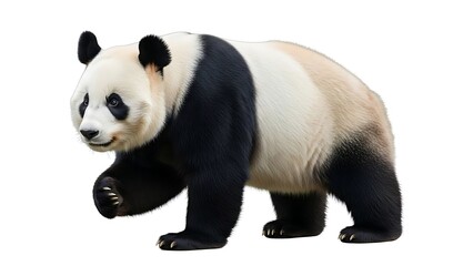 Fototapeta premium A giant panda with black and white fur walking forward, isolated on a white background.