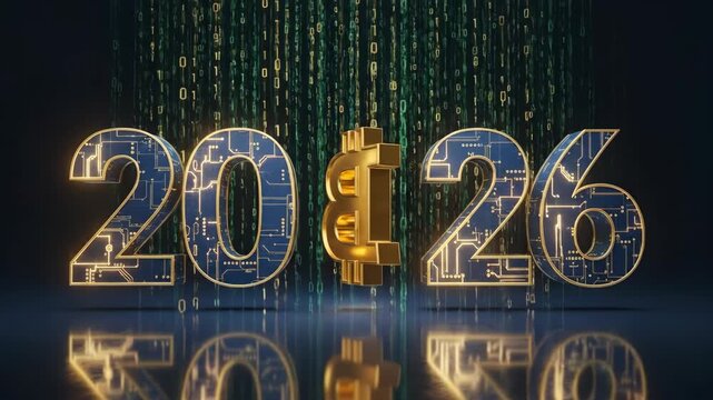 Digital animation of year 2026 with glowing symbols. Blue numerals 20 and 26 frame euro, vertical bar and ampersand in gold. Futuristic cyber matrix background with falling code for tech countdown.