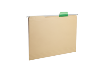 Hanging file folder with label tab for office organization and document storage isolated on transparent background