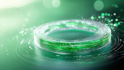 A close-up, abstract view of a ring formed by glowing green fiber optic cables, with digital particles and bokeh lights in the background, suggesting data trans