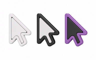 Three dimensional rendering of three cursor icons in white black and purple on a white background