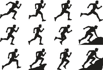 Silhouette Running Figures Icons Set. Athlete, Sports, Motion, Fitness Vector Illustration