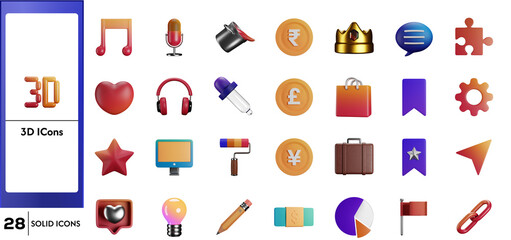 A diverse collection of 28 colorful 3D solid icons for web and mobile user interface design.