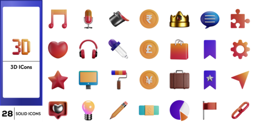 A diverse collection of 28 colorful 3D solid icons for web and mobile user interface design.