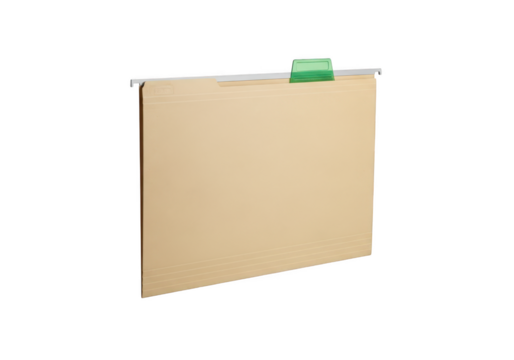 Hanging file folder with label tab for office organization and document storage isolated on transparent background