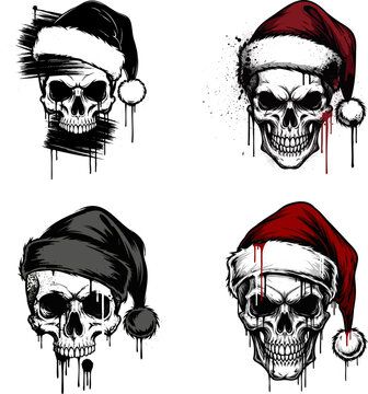 Grungy Skull with Santa Hat Gothic Christmas Art