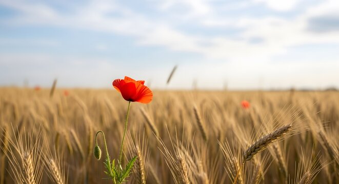 A single red poppy flower blooming in a field of golden wheat under a bright blue sky on a sunny day