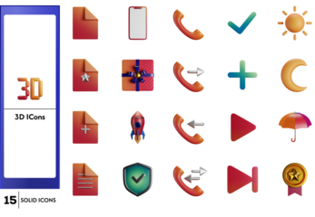 3D icon set featuring files, phone, sun, moon, tick, plus, umbrella, rocket, shield, and medal.