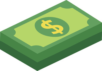 Isometric stack of green banknotes with dollar symbol, representing cash payment, savings, income, and financial success.
