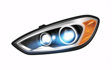 Close up of a car headlight with bright blue lights on a white background in studio shot style